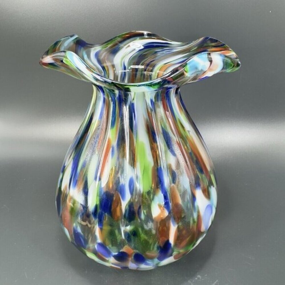 Vintage Blown Glass Vase Colorful Ribbed‎ Blown Glass Vase with Ruffled Rim Vase